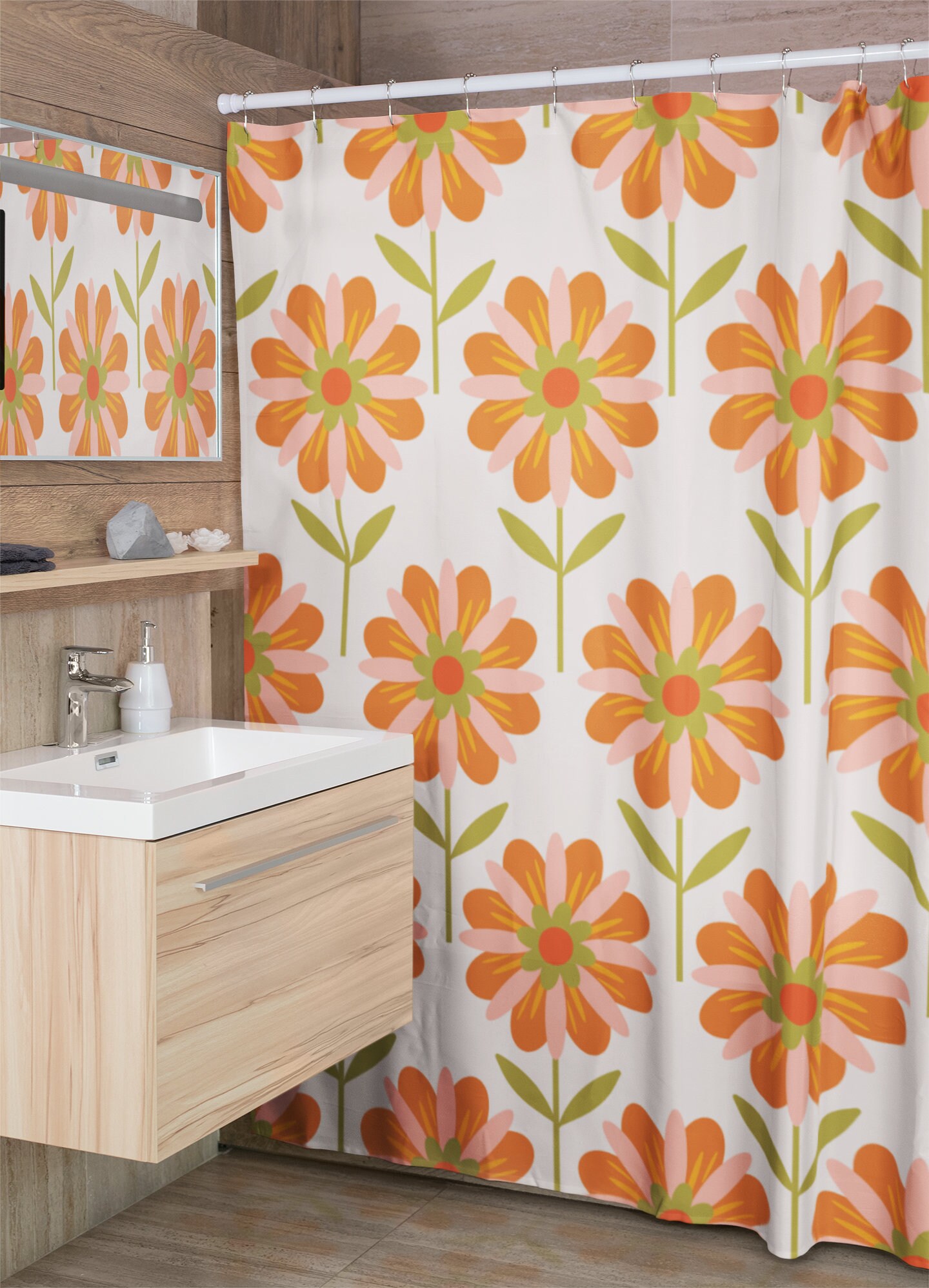 Groovy Retro Flowers Shower Curtain, Hippie Bathroom Decor