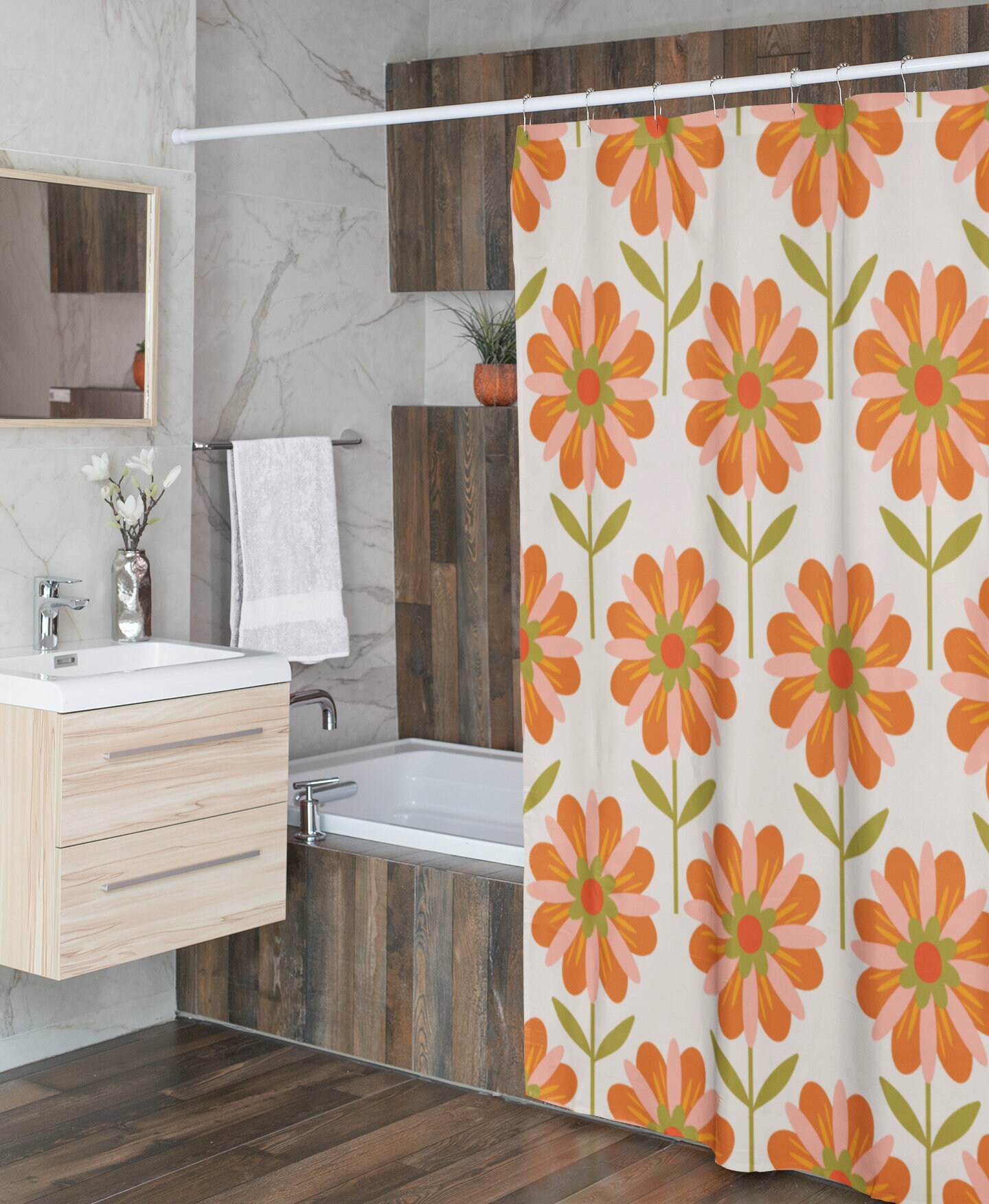 Groovy Retro Flowers Shower Curtain, Hippie Bathroom Decor - Image 4