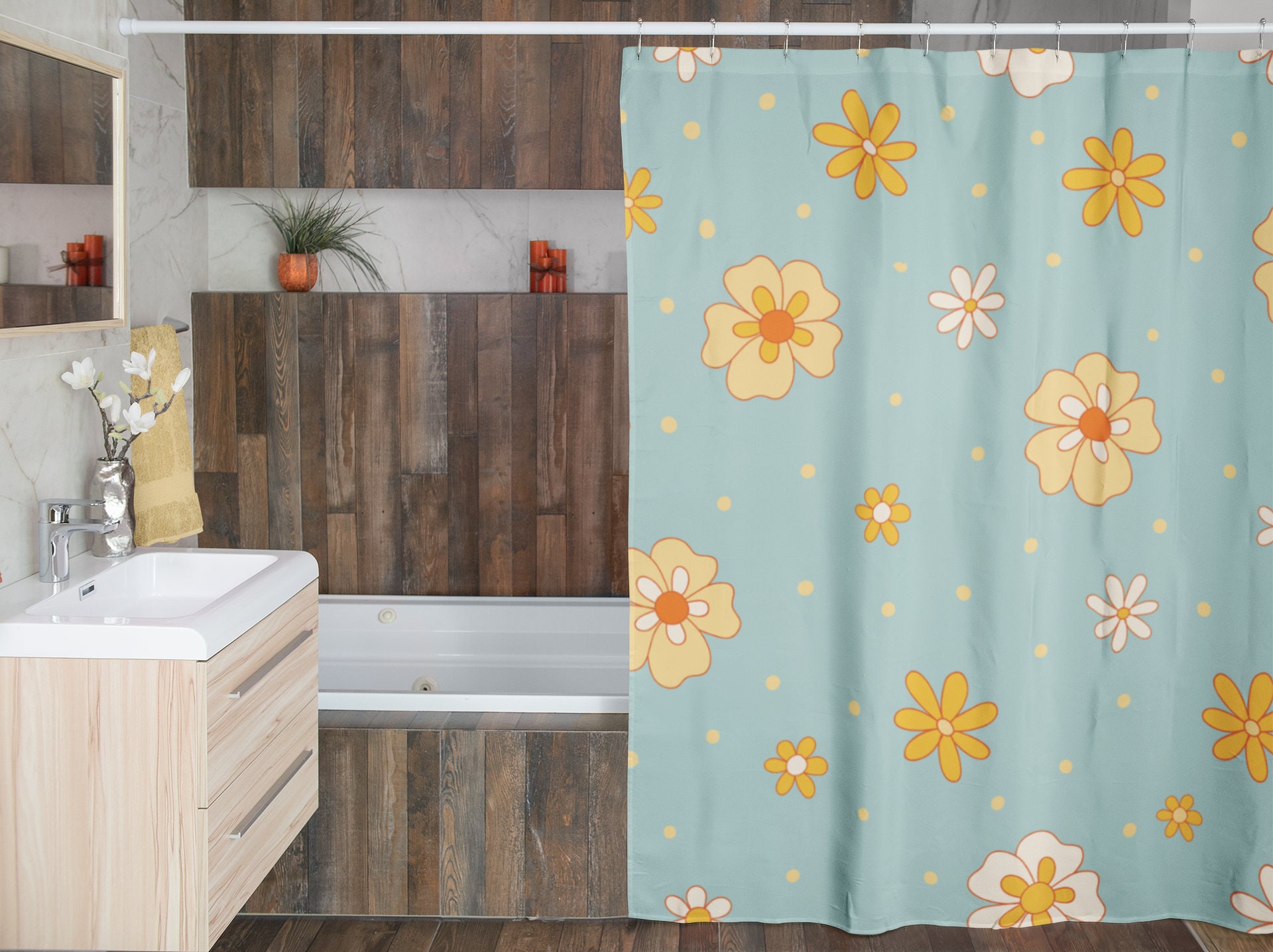 Groovy Retro Flowers Shower Curtain, Vintage 70's Bathroom Decor