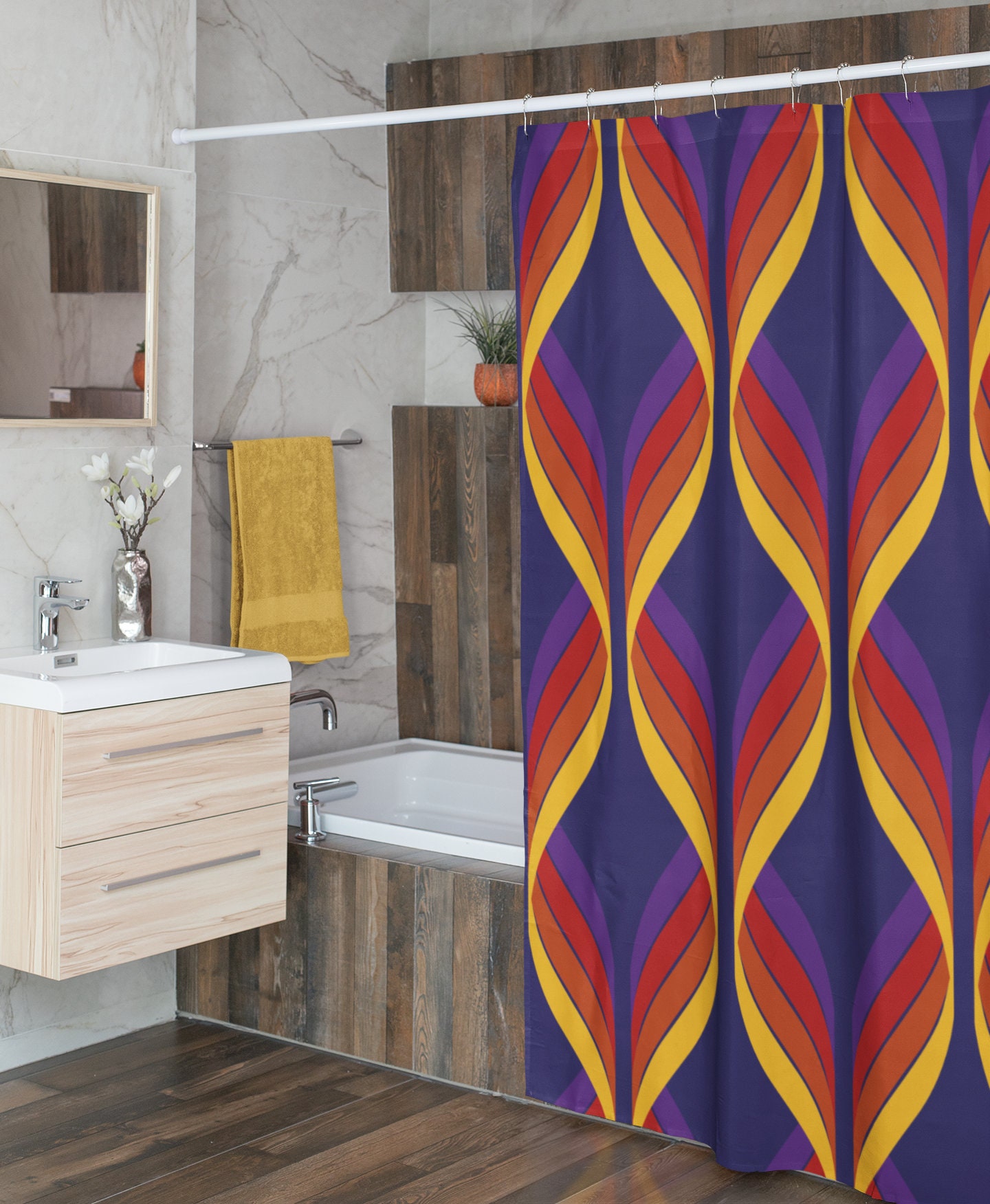 Groovy Retro Geometric Shower Curtain, 60's 70's Hippie Bathroom Decor