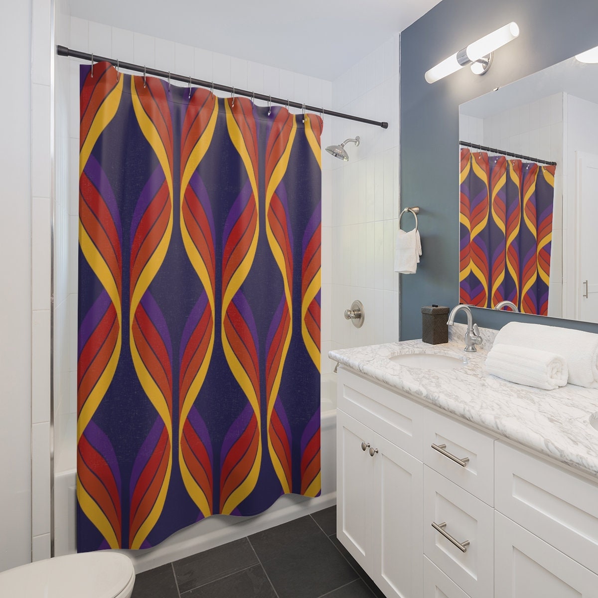 Groovy Retro Geometric Shower Curtain, 60's 70's Hippie Bathroom Decor - Image 3