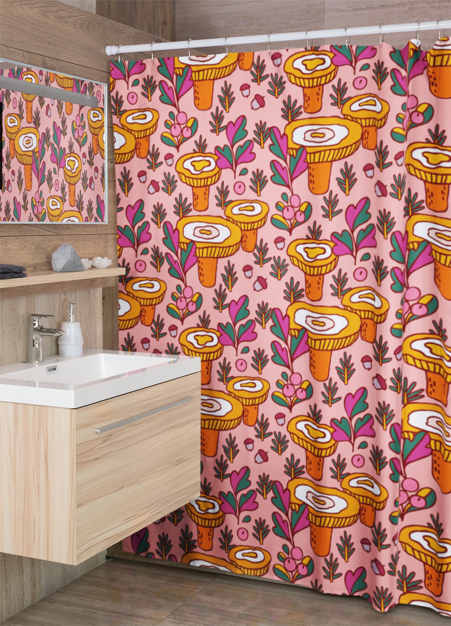 Groovy Retro Mushroom Shower Curtain, Fall Bathroom Decor