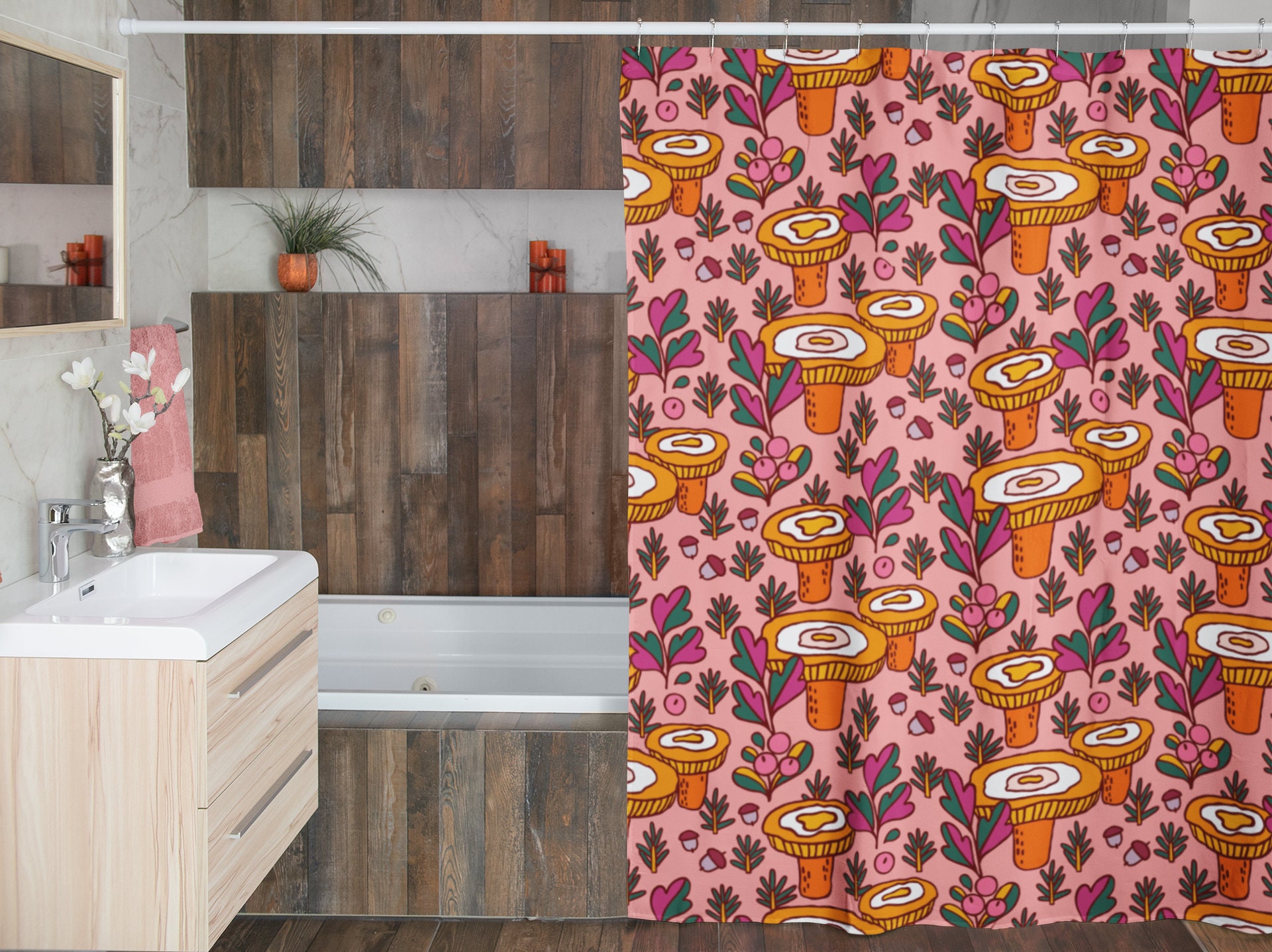 Groovy Retro Mushroom Shower Curtain, Fall Bathroom Decor - Image 4