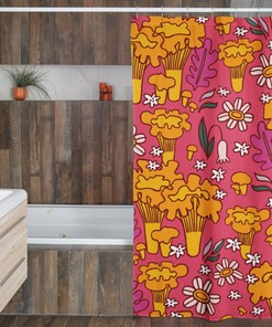 Groovy Retro Mushroom and Flowers Shower Curtain, Floral Bathroom Decor