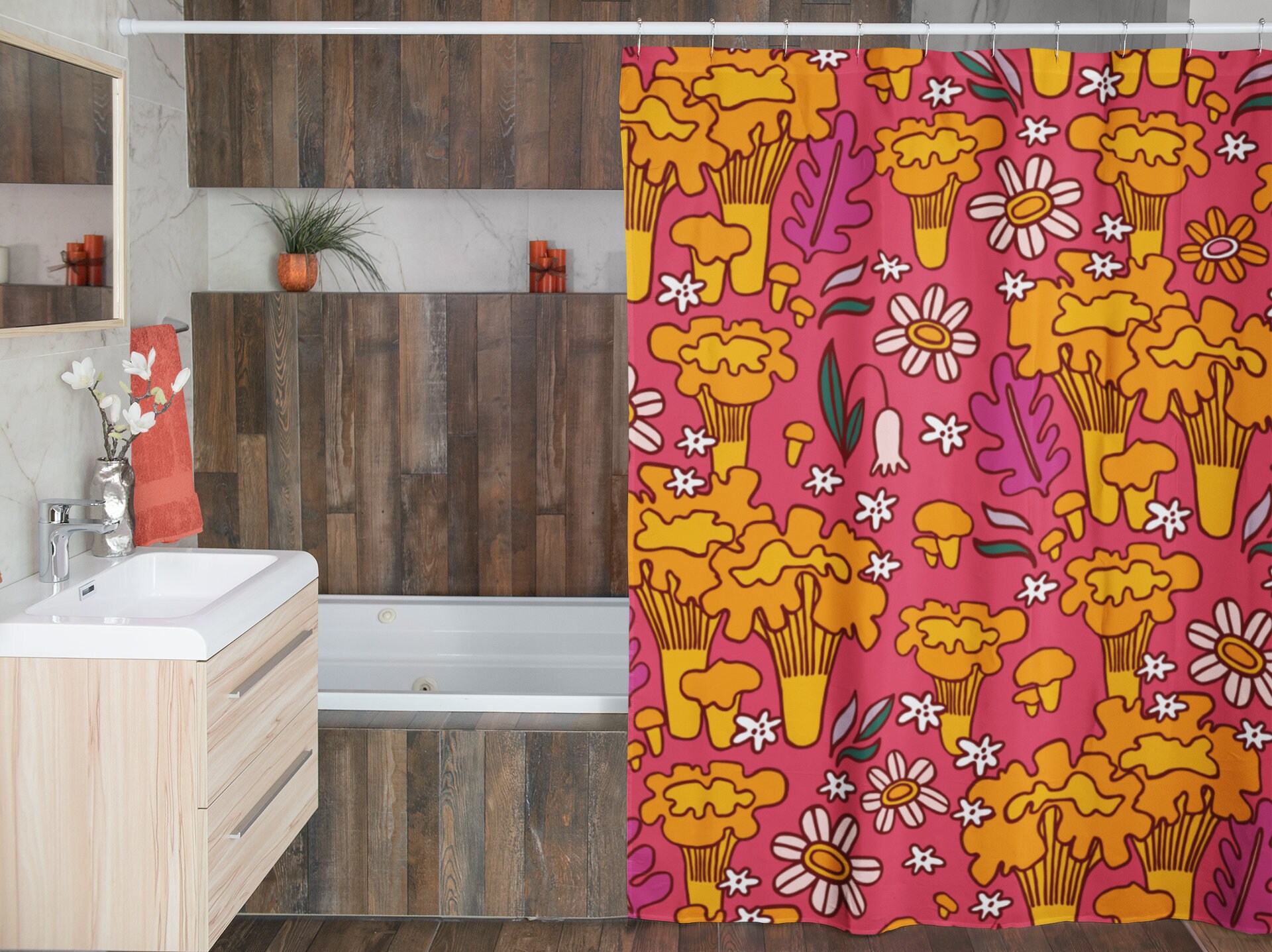 Groovy Retro Mushroom and Flowers Shower Curtain, Floral Bathroom Decor