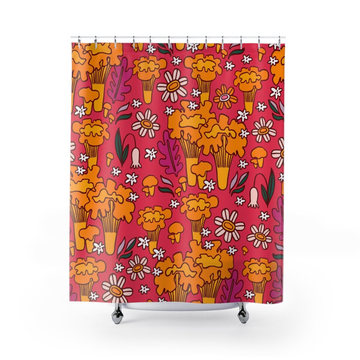 Groovy Retro Mushroom and Flowers Shower Curtain, Floral Bathroom Decor - Image 2