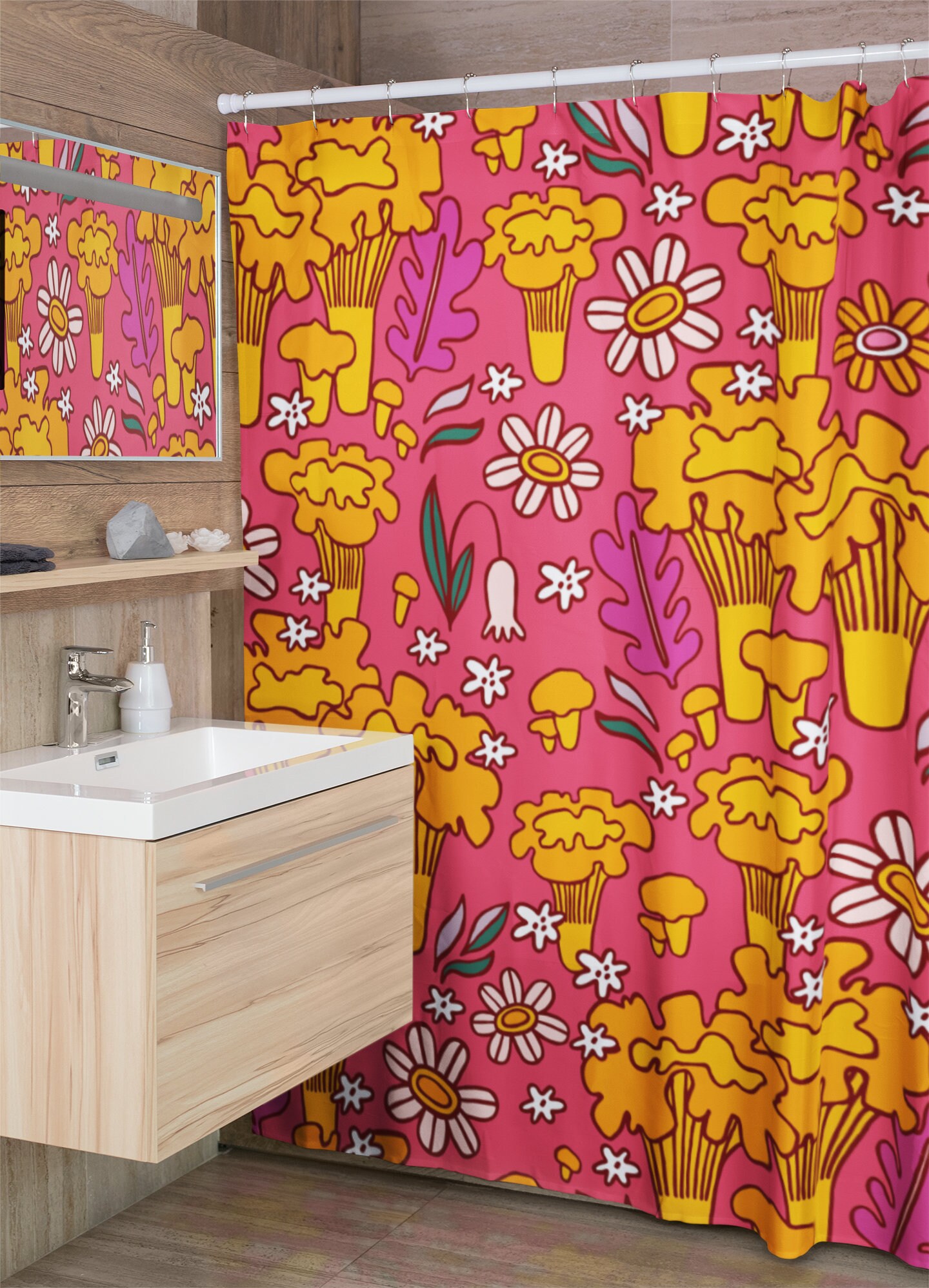 Groovy Retro Mushroom and Flowers Shower Curtain, Floral Bathroom Decor - Image 3