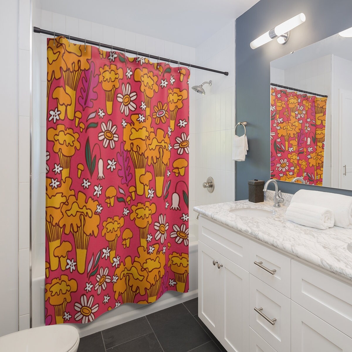 Groovy Retro Mushroom and Flowers Shower Curtain, Floral Bathroom Decor - Image 4