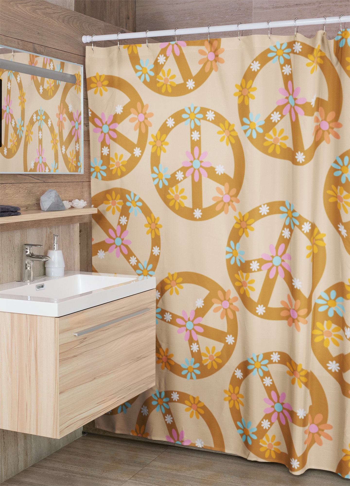 Groovy Retro Peace Sign Shower Curtain, Hippie Bathroom Decor