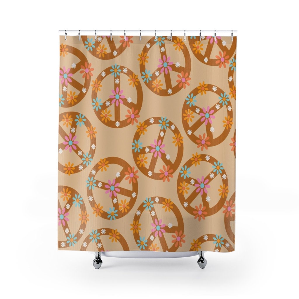 Groovy Retro Peace Sign Shower Curtain, Hippie Bathroom Decor - Image 2