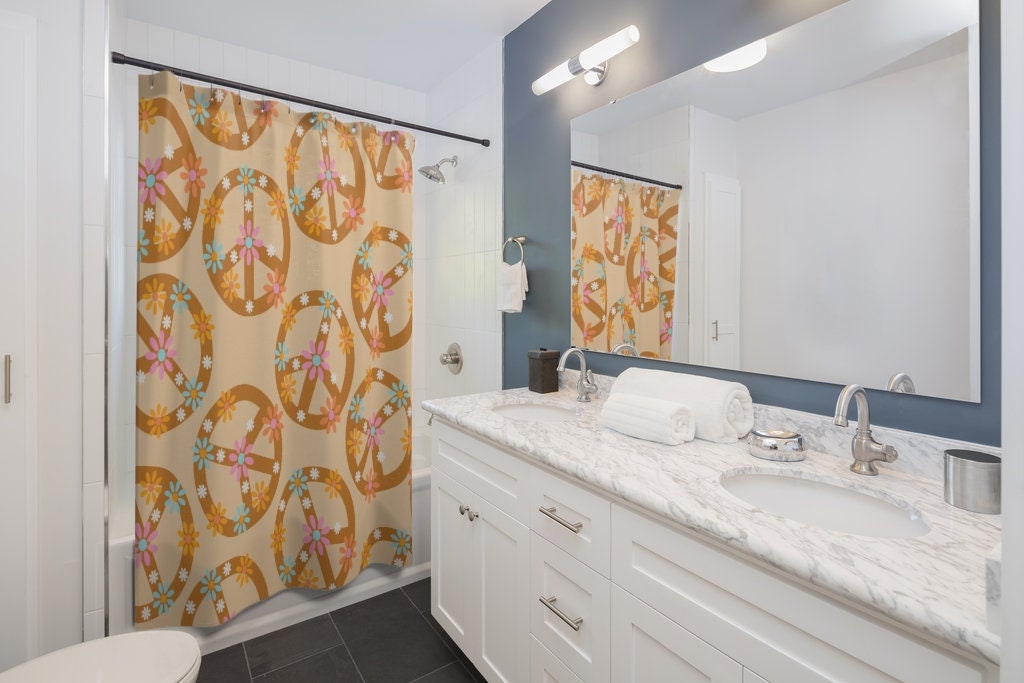 Groovy Retro Peace Sign Shower Curtain, Hippie Bathroom Decor - Image 3