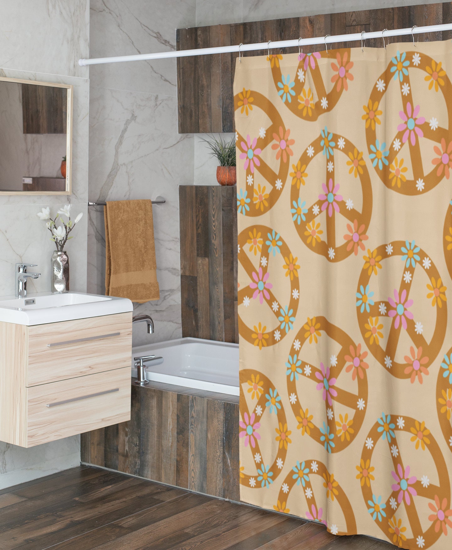 Groovy Retro Peace Sign Shower Curtain, Hippie Bathroom Decor - Image 4