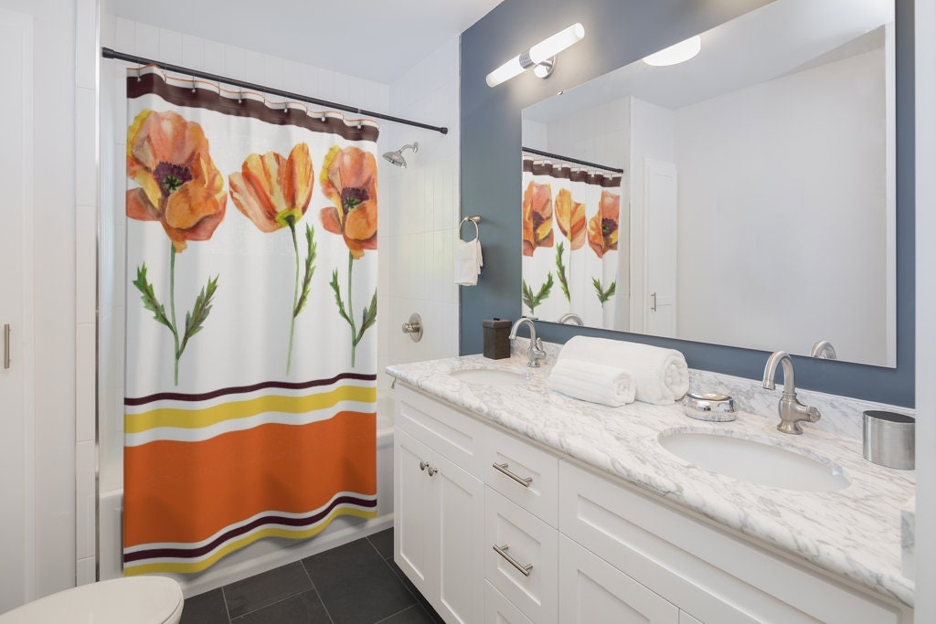 Groovy Retro Poppy Shower Curtain, Floral Bathroom Decor - Image 2