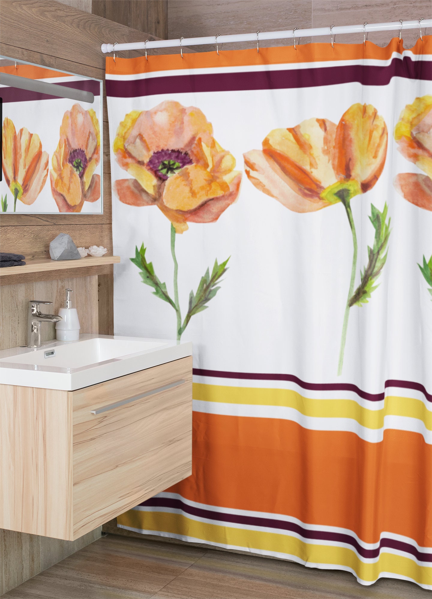 Groovy Retro Poppy Shower Curtain, Floral Bathroom Decor - Image 3