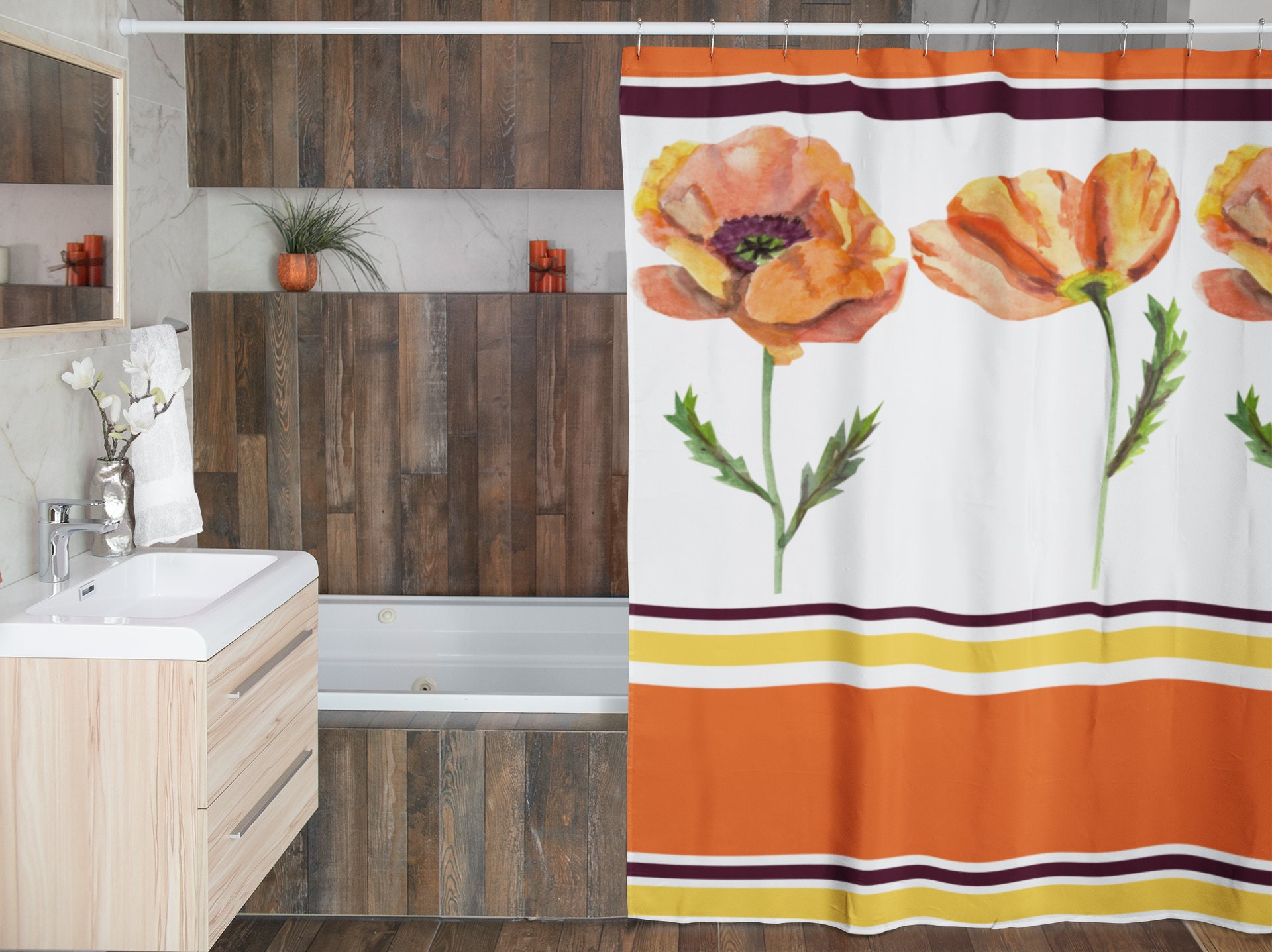 Groovy Retro Poppy Shower Curtain, Floral Bathroom Decor - Image 4