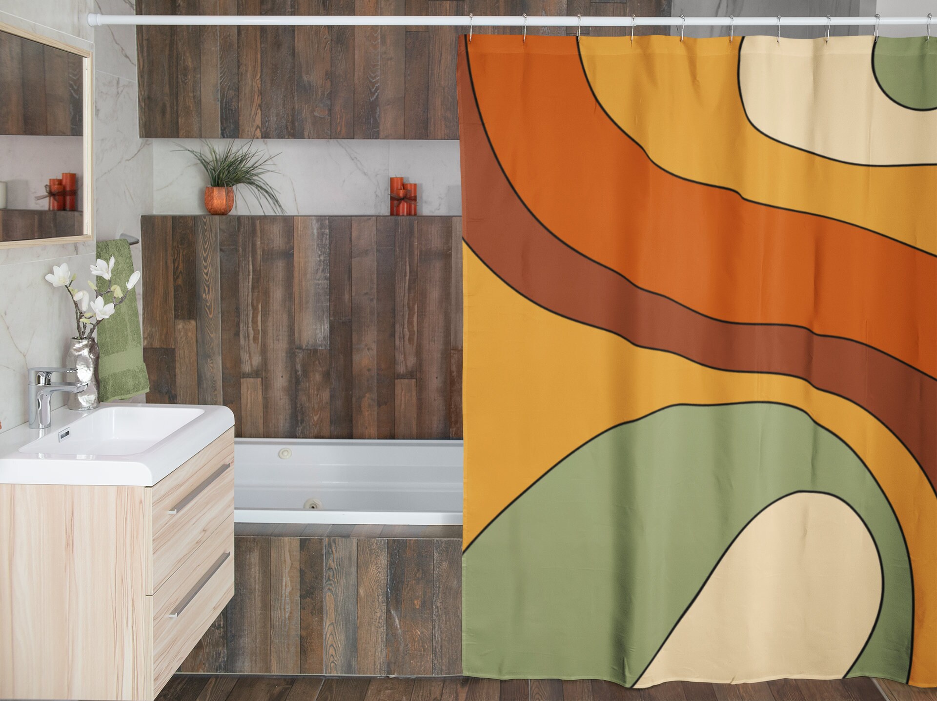 Groovy Shower Curtain, Psychedelic 60's 70's Hippie Bathroom Accessory, Retro Curtain for Quirky Vibe