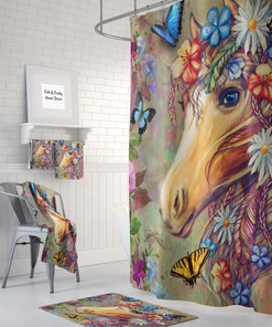 Gypsy Boho Horse Shower Curtain Set with Optional Bath, Towels, and Mat for Unique Bathroom Decor