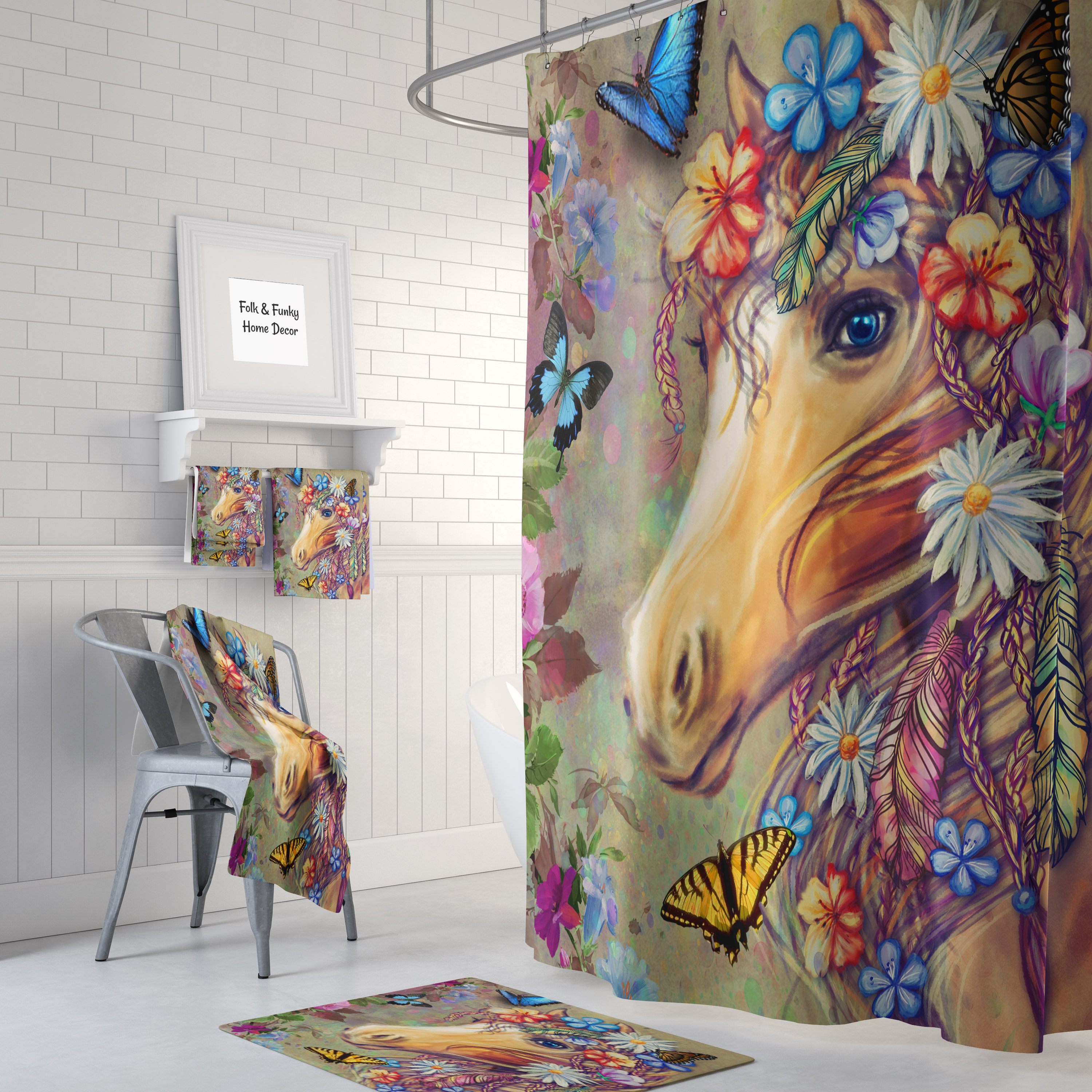 Gypsy Boho Horse Shower Curtain Set with Optional Bath, Towels, and Mat for Unique Bathroom Decor