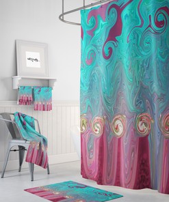 Gypsy Rose Shower Curtain with Abstract Teal and Rose Design for Boho Bathroom Decor