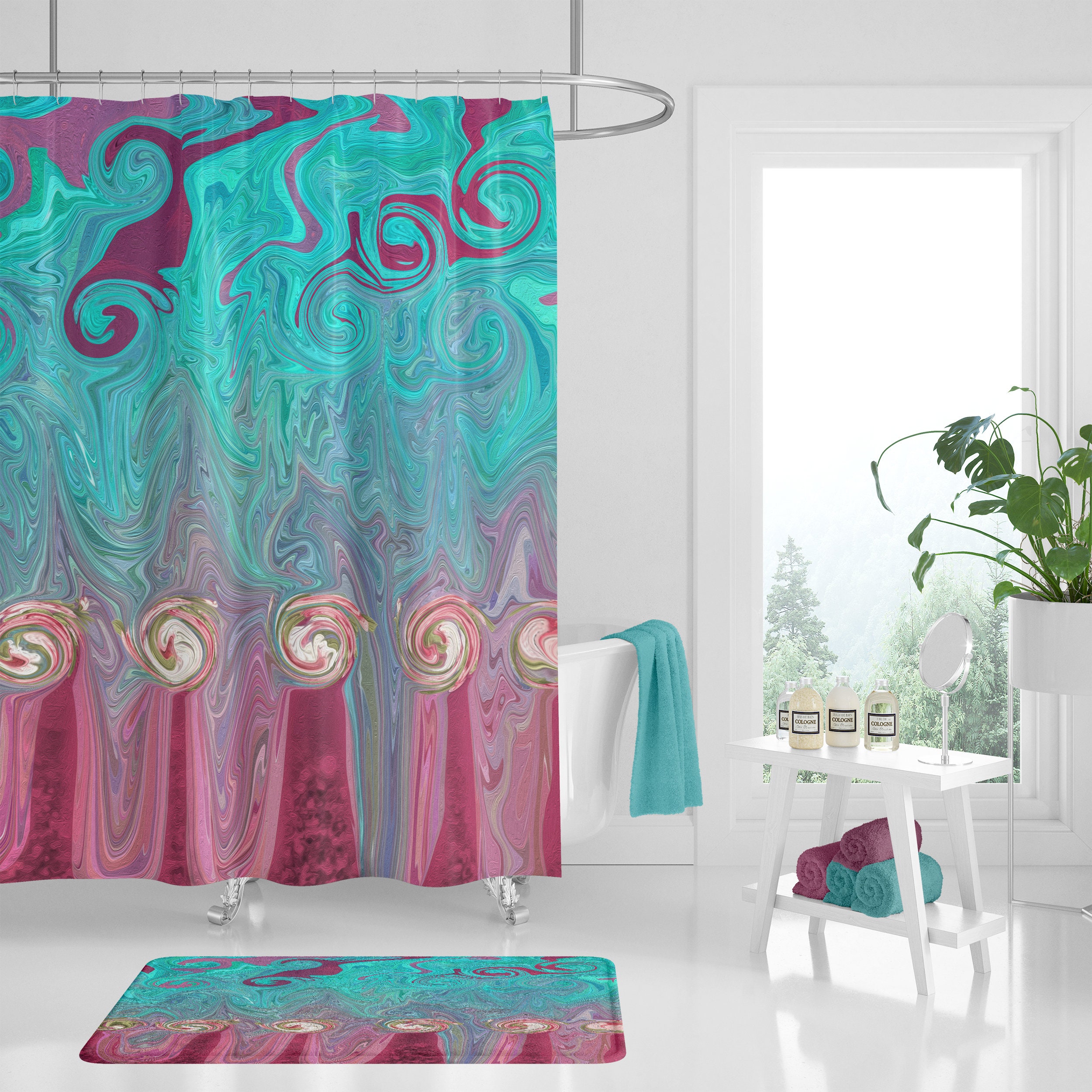 Gypsy Rose Shower Curtain with Abstract Teal and Rose Design for Boho Bathroom Decor - Image 2