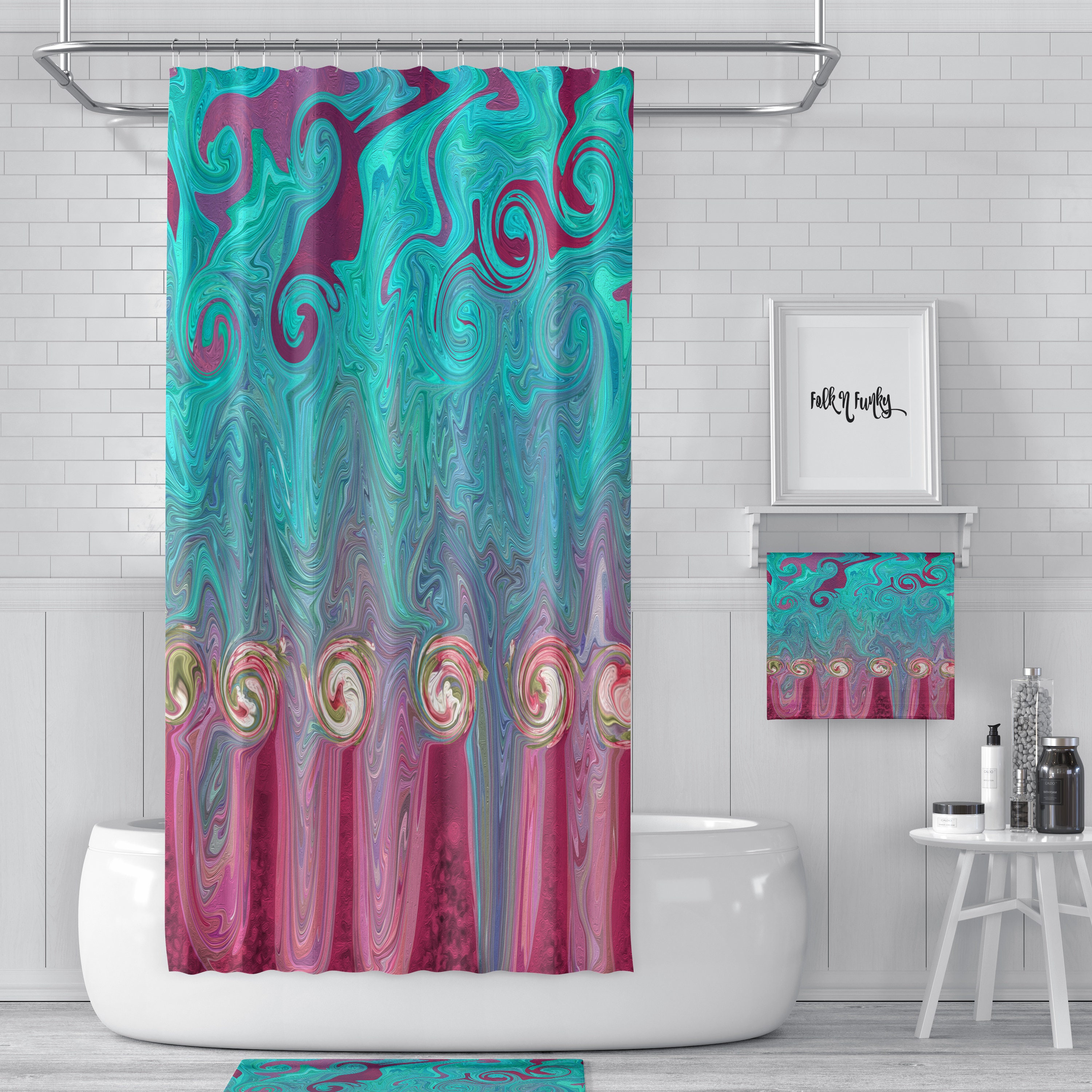 Gypsy Rose Shower Curtain with Abstract Teal and Rose Design for Boho Bathroom Decor - Image 4