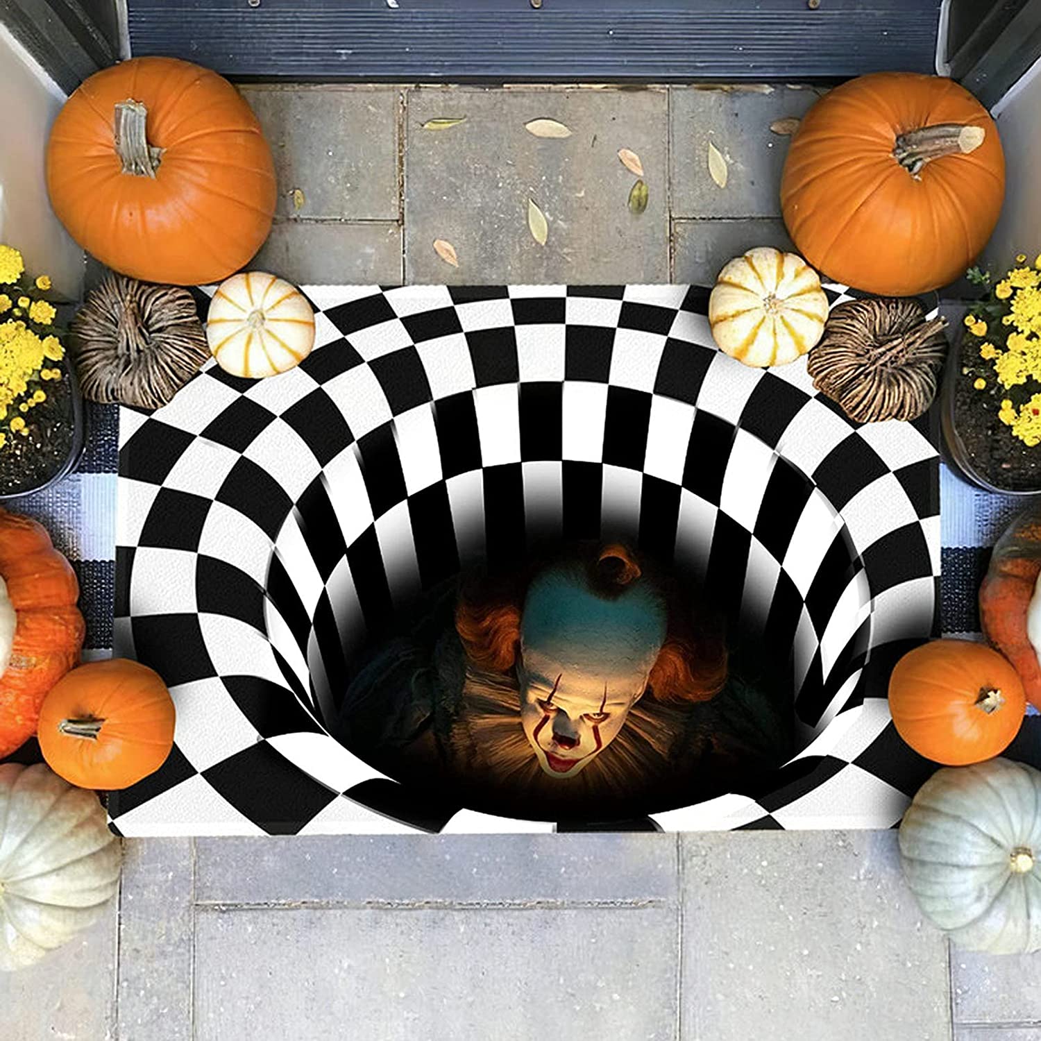 Halloween Optical Illusion Area Rug - Black White Plaid Rug Rug - Funny Clown Floor Mat with 3D Vortex Illusion - Image 3