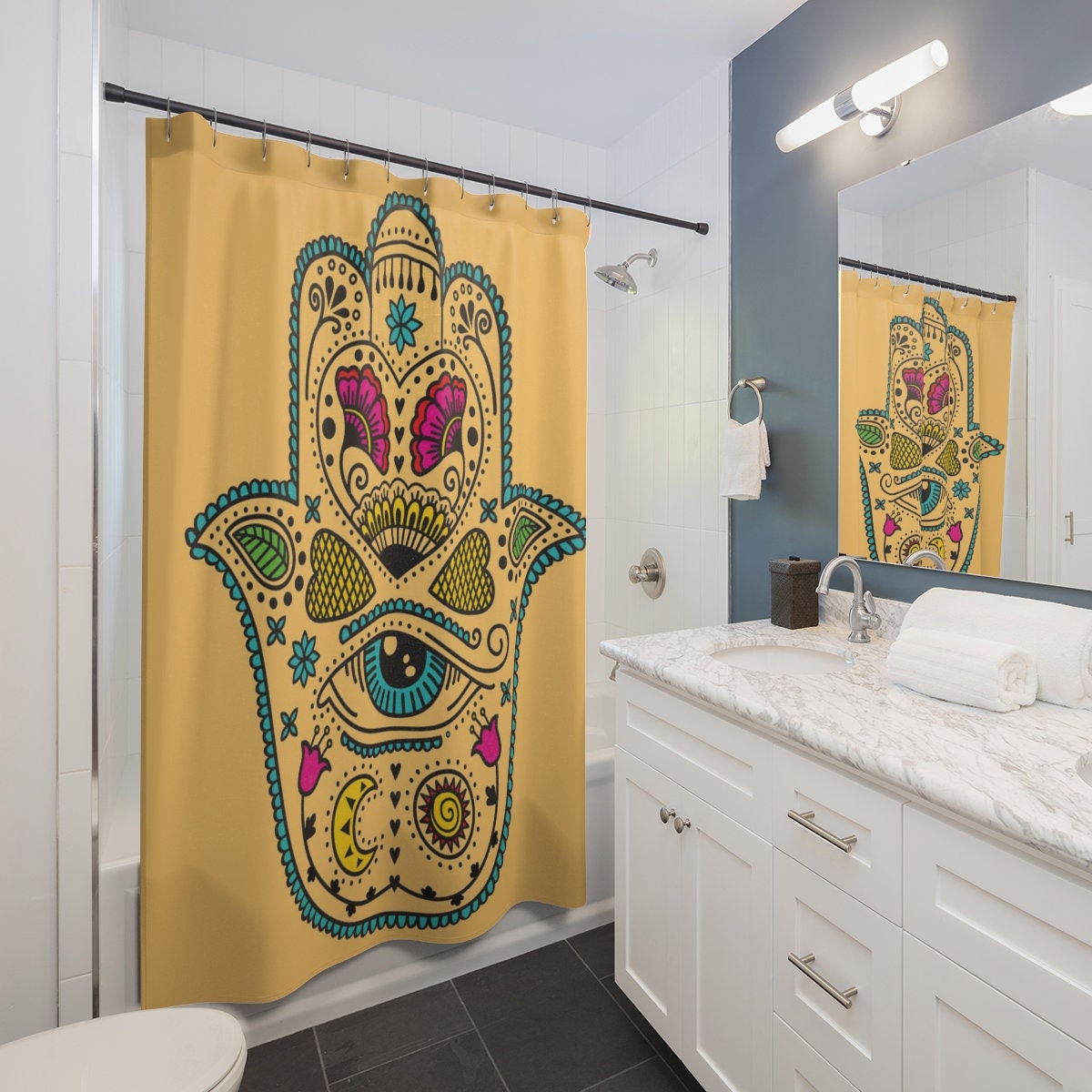 Hamsa Hand Print Shower Curtain | Unique Print Shower Curtain | Spiritual Bathroom Decor Vintage Shower Curtains - Image 2