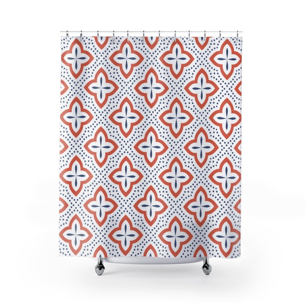 Hand Painted Art Deco Tile Pattern Shower Curtain | Mid Century Modern Bathroom Decor | Decorating with Shower Curtains