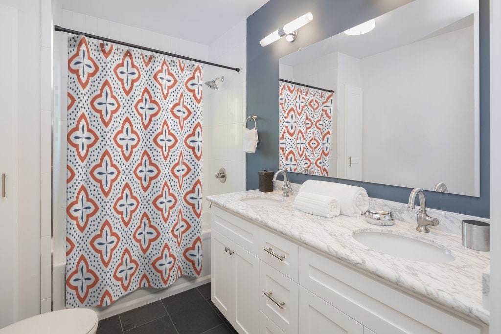 Hand Painted Art Deco Tile Pattern Shower Curtain | Mid Century Modern Bathroom Decor | Decorating with Shower Curtains - Image 2