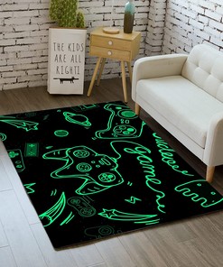 Hand-Drawn Gamepad Area Rug - Green Gamer Mat for Dining Room/Bedroom