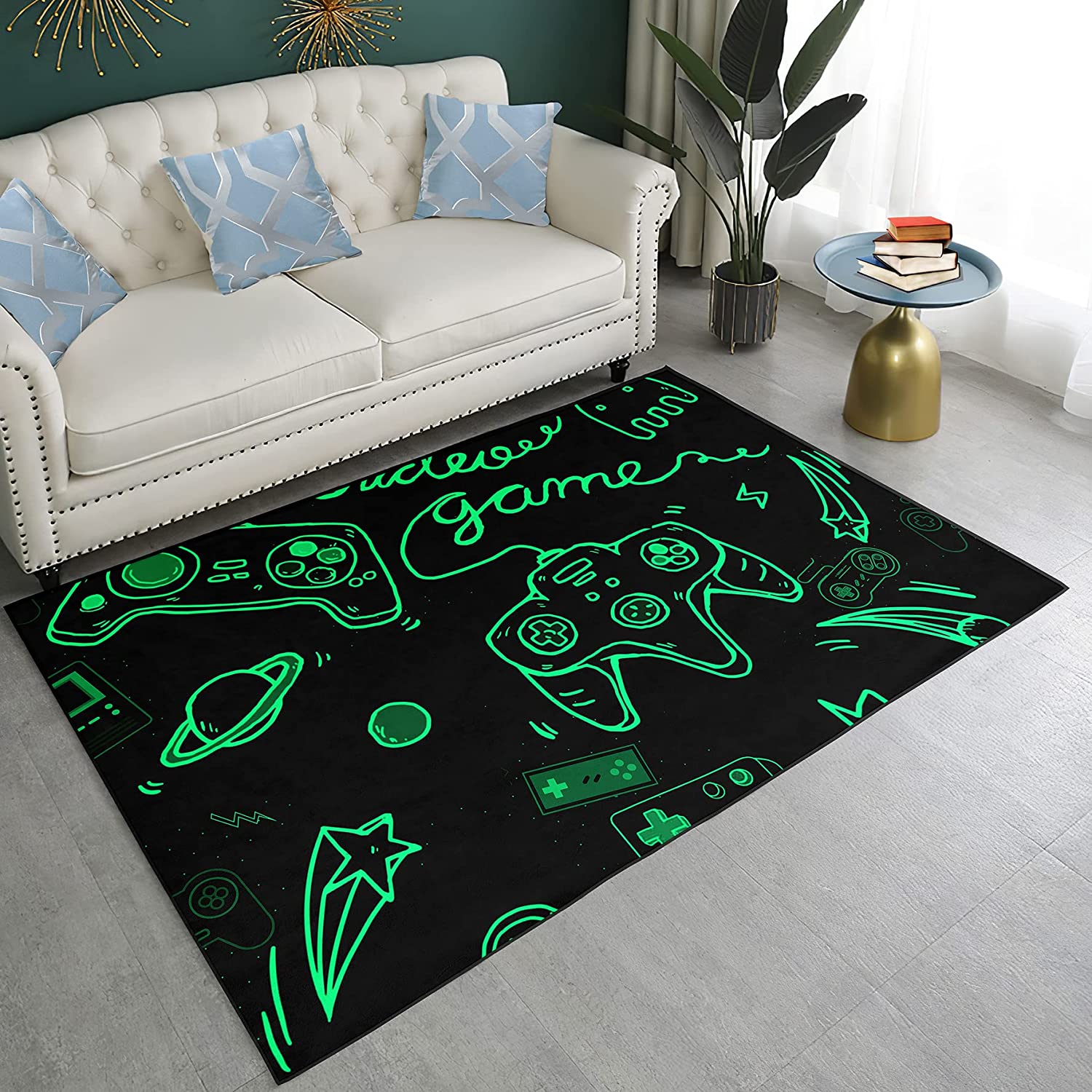 Hand-Drawn Gamepad Area Rug - Green Gamer Mat for Dining Room/Bedroom - Image 2