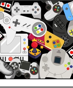 Hand-Drawn Gamer Area Rug for Kids' Dining Room and Bedroom: Planet and Stars Rugs with Green Gamepad Design