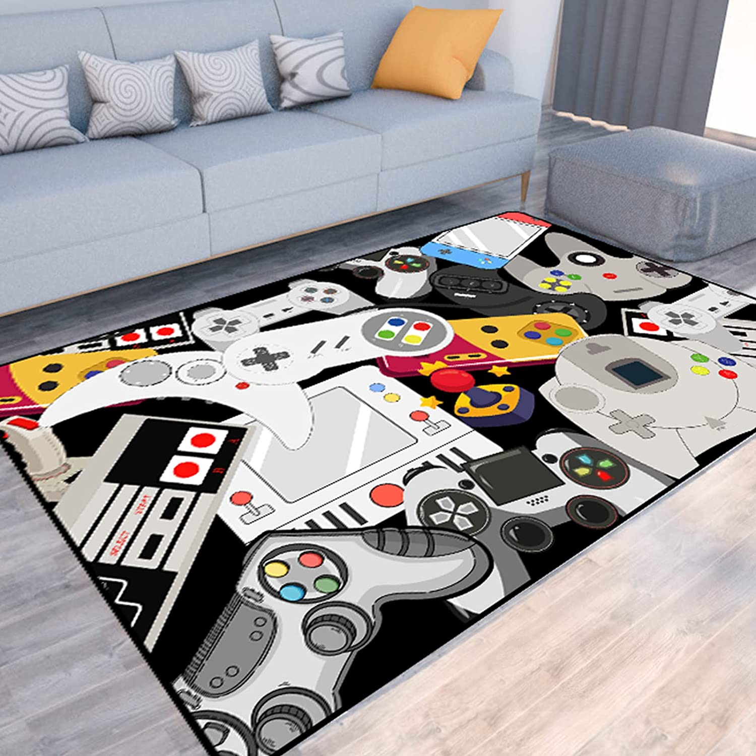 Hand-Drawn Gamer Area Rug for Kids' Dining Room and Bedroom: Planet and Stars Rugs with Green Gamepad Design - Image 2