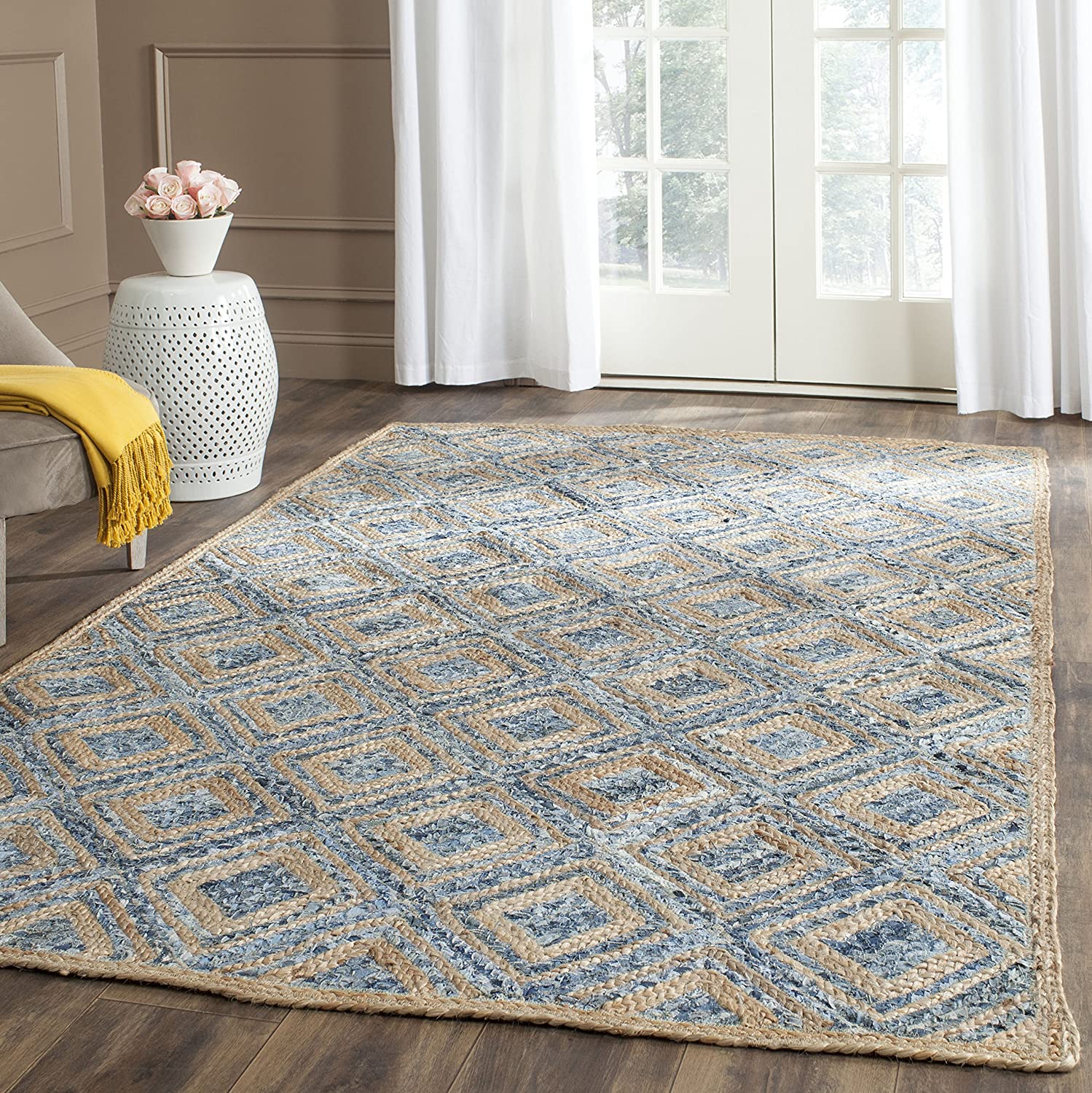 Handmade Natural and Blue Diamond Braided Jute & Denim Area Rug with Optical Illusion Effect for Home Decor