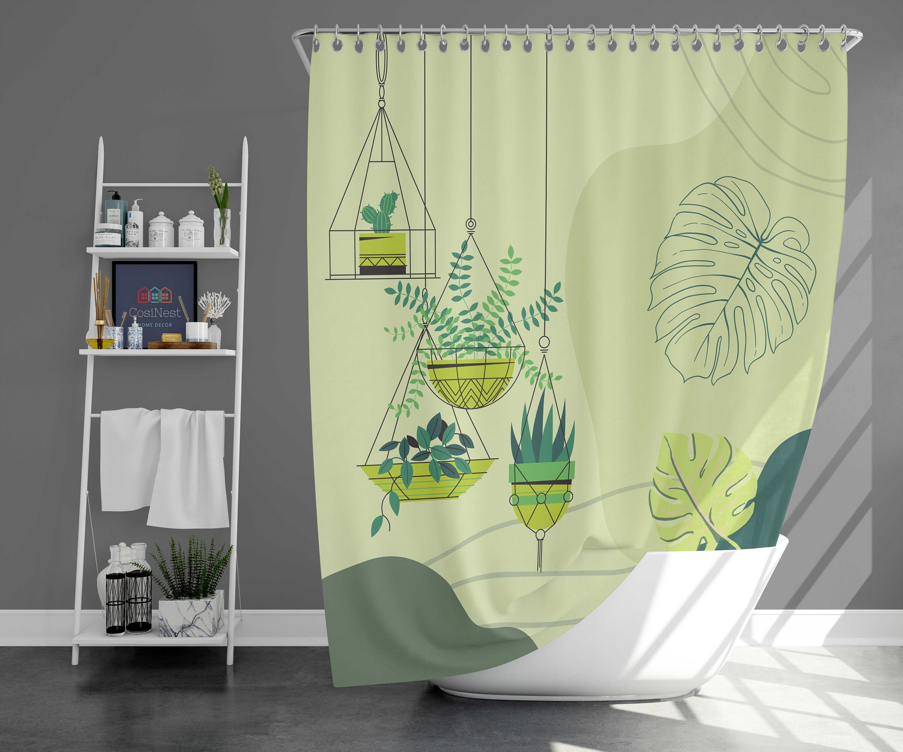 Hanging Basket Shower Curtain | Green Plants Leaves, Bathroom Curtain and Shower Mat Housewarming Gift