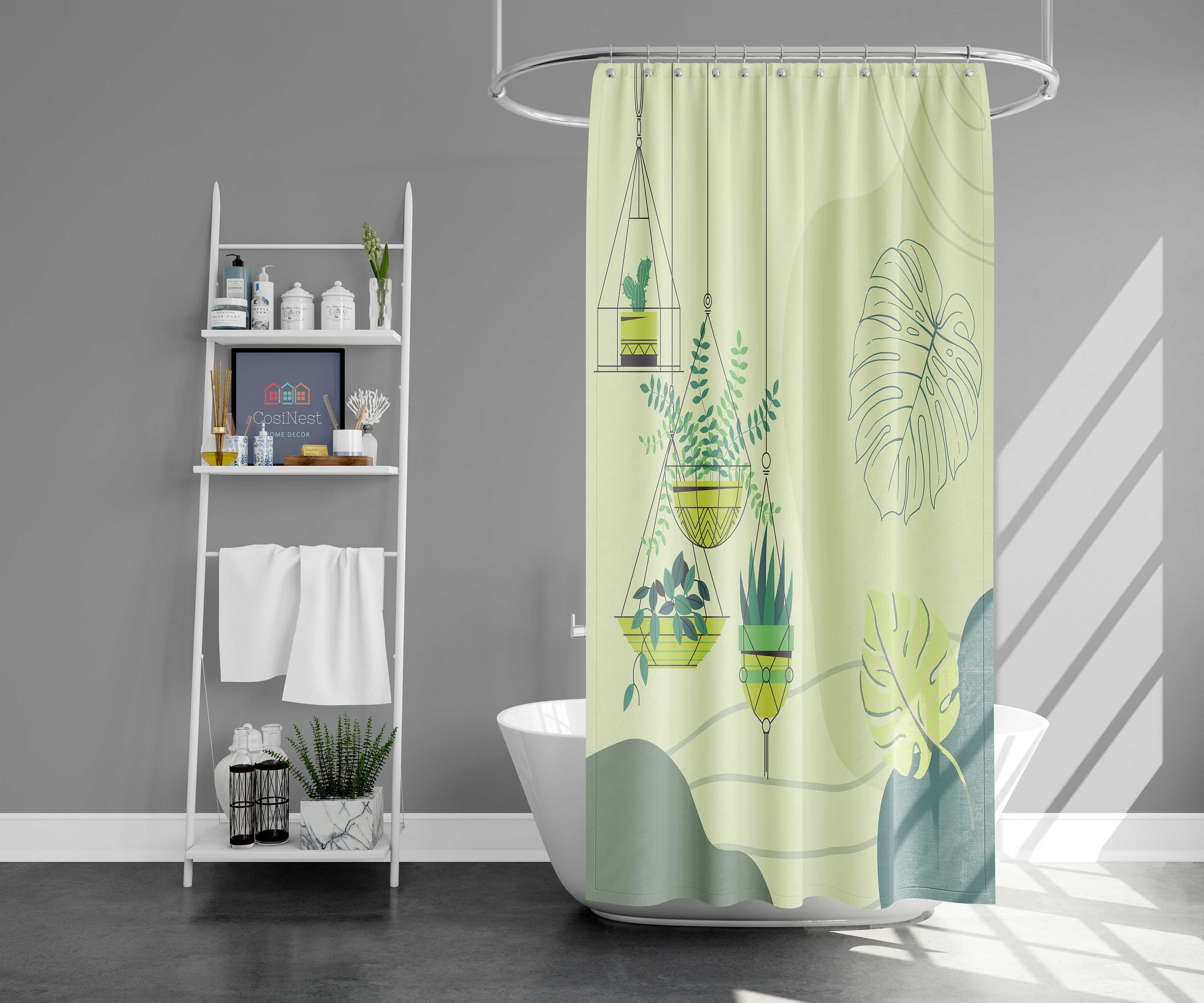 Hanging Basket Shower Curtain | Green Plants Leaves, Bathroom Curtain and Shower Mat Housewarming Gift - Image 2