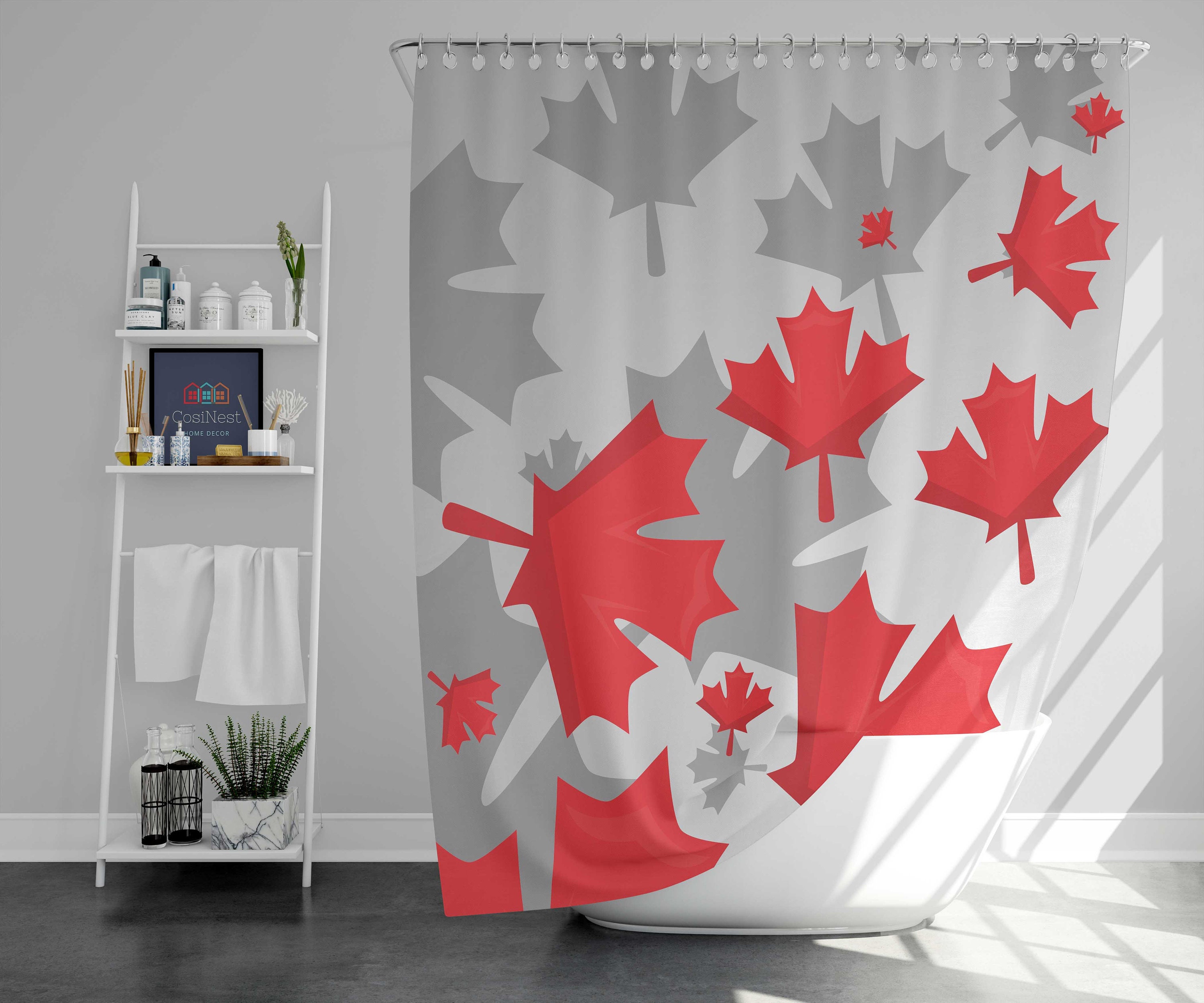 Happy Canada day flag independence Shower Curtain | O Canada red maple leaves fabric Bathroom Curtain