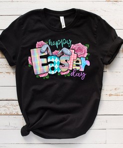 Happy Easter Bunny Wreath Cross Tee - Christian T-Shirt Design
