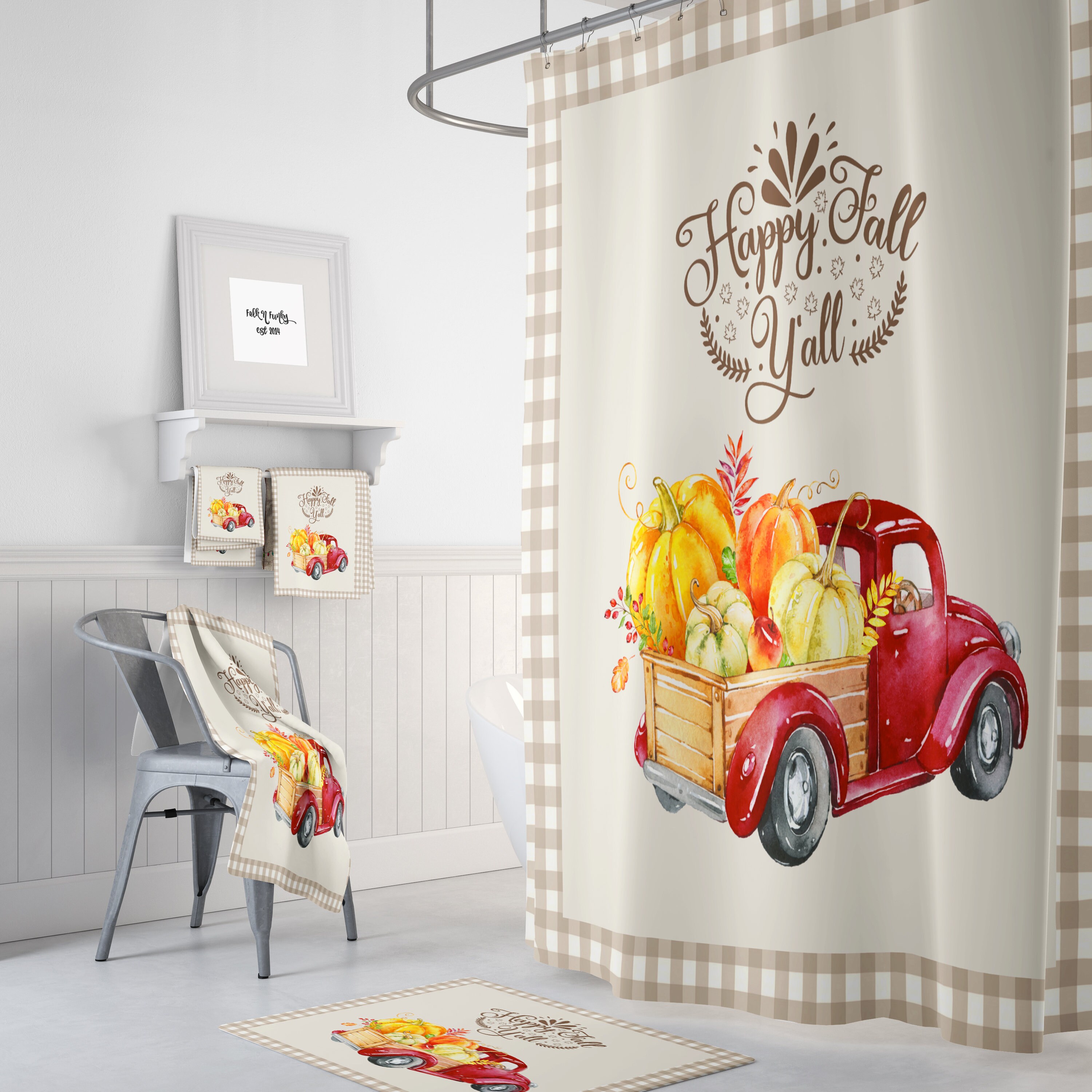 Happy Fall Red Truck Shower Curtain with Seasonal Bath Decor