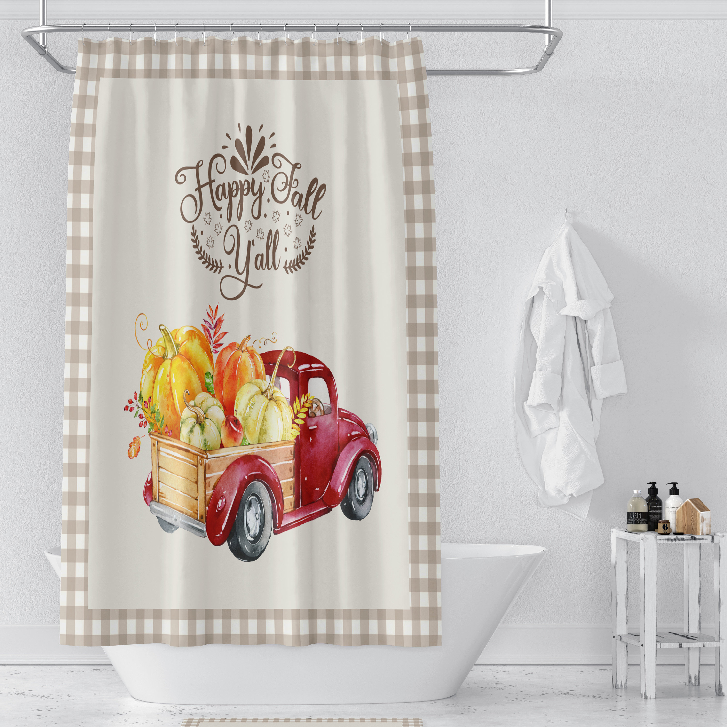 Happy Fall Red Truck Shower Curtain with Seasonal Bath Decor - Image 2