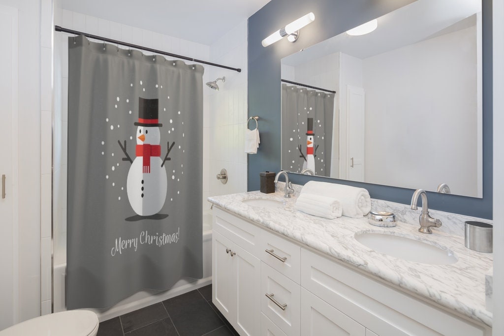 Have yourself a gray Christmas with this Gray Christmas Holiday Snowman Shower Curtain - Image 2