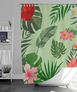 Hawaiian Summer Vibe Flowers Shower Curtain, Palm Green Leaves Bathroom Curtain, Housewarming Gift with a Vintage Flair