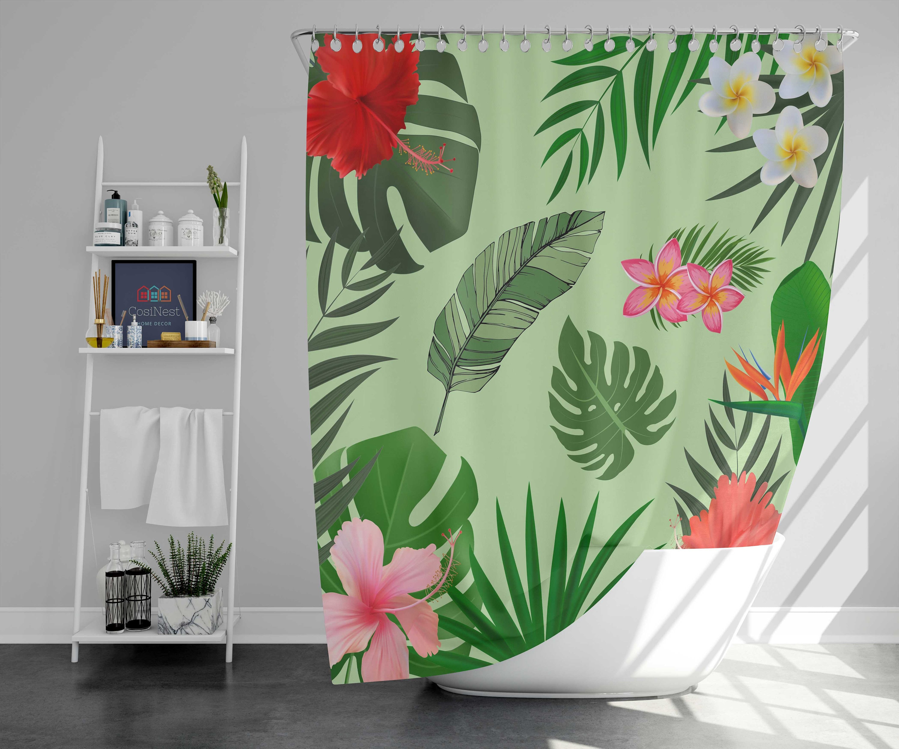 Hawaiian Summer Vibe Flowers Shower Curtain, Palm Green Leaves Bathroom Curtain, Housewarming Gift with a Vintage Flair
