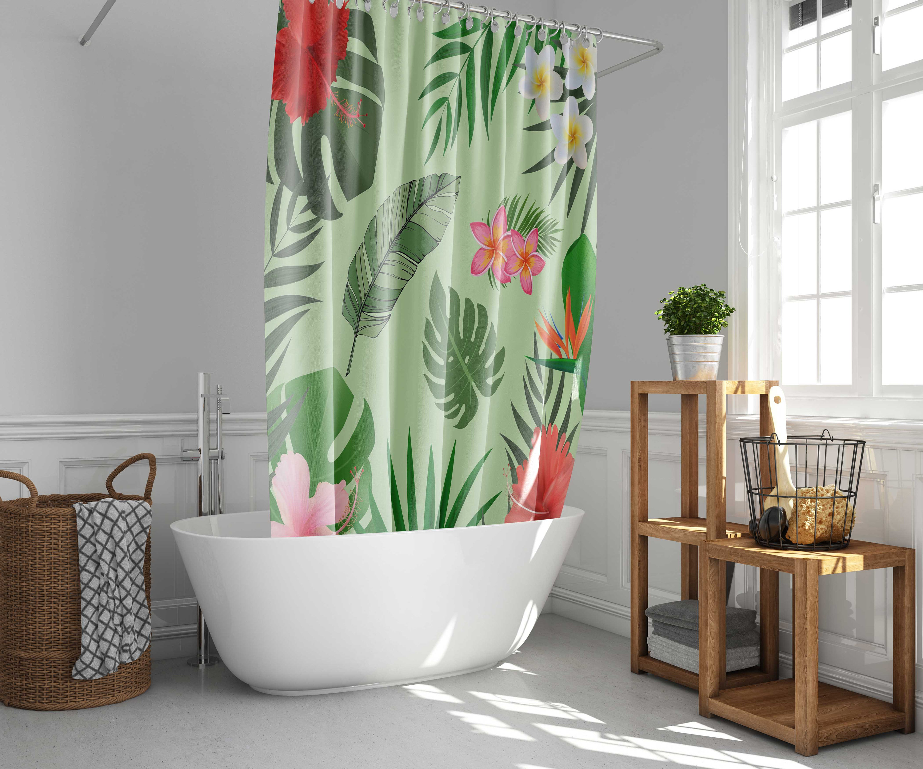 Hawaiian Summer Vibe Flowers Shower Curtain, Palm Green Leaves Bathroom Curtain, Housewarming Gift with a Vintage Flair - Image 2