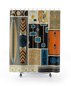 Hawaiian Tiki Idol Tropical Mid Century Modern Shower Curtain - Durable Polyester for Retro Island Bathroom Decor