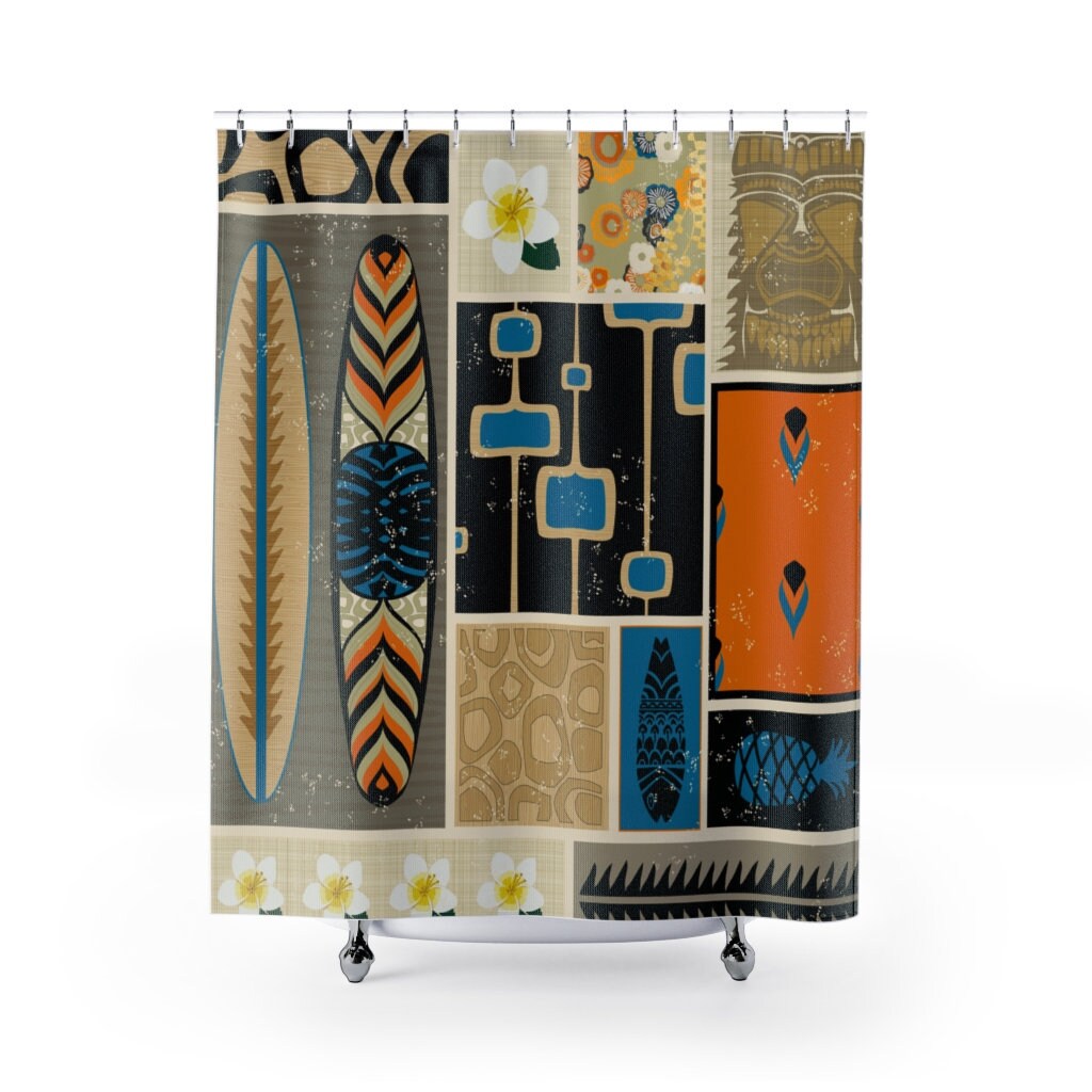 Hawaiian Tiki Idol Tropical Mid Century Modern Shower Curtain - Durable Polyester for Retro Island Bathroom Decor