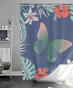 Hawaiian Vibe Shower Curtain, Tropical Islands Flowers Butterfly Fabric Bathroom Curtain, Home Bath Mat Decor