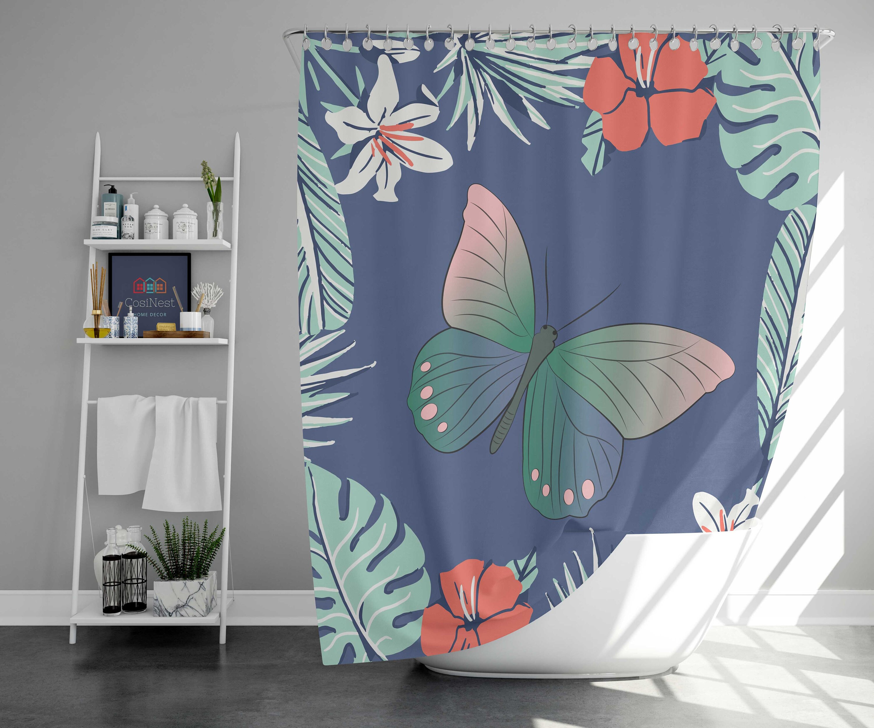 Hawaiian Vibe Shower Curtain, Tropical Islands Flowers Butterfly Fabric Bathroom Curtain, Home Bath Mat Decor