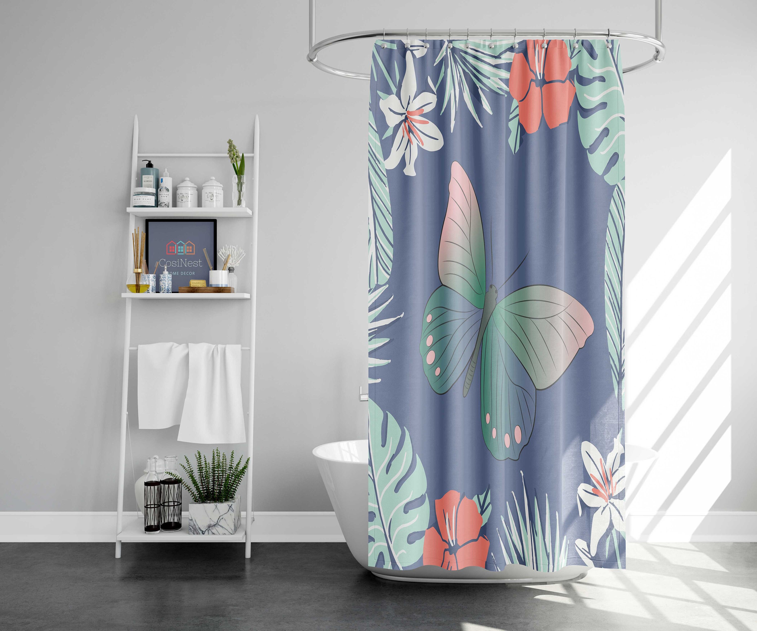 Hawaiian Vibe Shower Curtain, Tropical Islands Flowers Butterfly Fabric Bathroom Curtain, Home Bath Mat Decor - Image 2