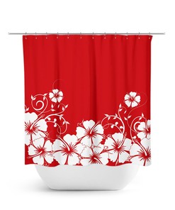 Hibiscus Floral Red Shower Curtain, Fabric Bath Curtain for Girls Bathroom in Vintage Red Bathroom Theme